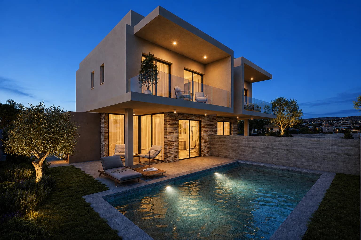Verano villa with a private pool at dusk